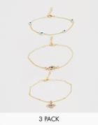 Asos Design Pack Of 3 Charm Bracelets With Eye Detail In Gold Tone