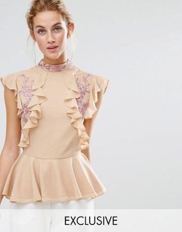 Hope & Ivy Frill Top With Embroidery - Pink