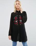 Brave Soul Longline Shirt With Embroidered Detail - Black