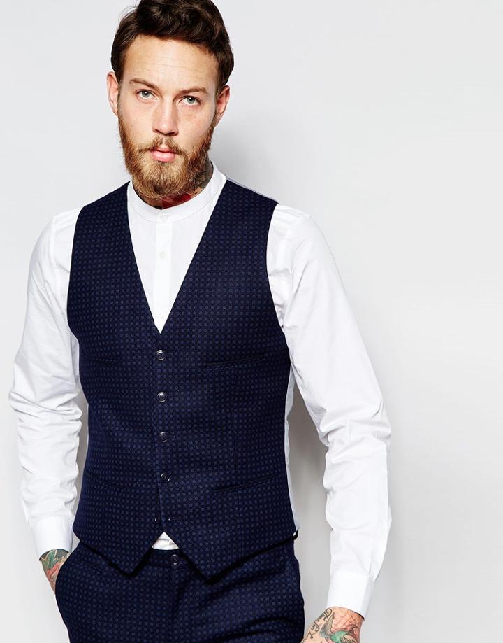 Noak Waistcoat With Lux Tonal Print In Super Skinny Fit - Navy