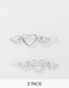Asos Design Pack Of 2 Hair Clips In Angel Heart Design In Silver Tone - Silver