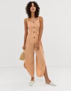 Asos Design Squareneck Jumpsuit With Button Detail And Wrap Leg-beige