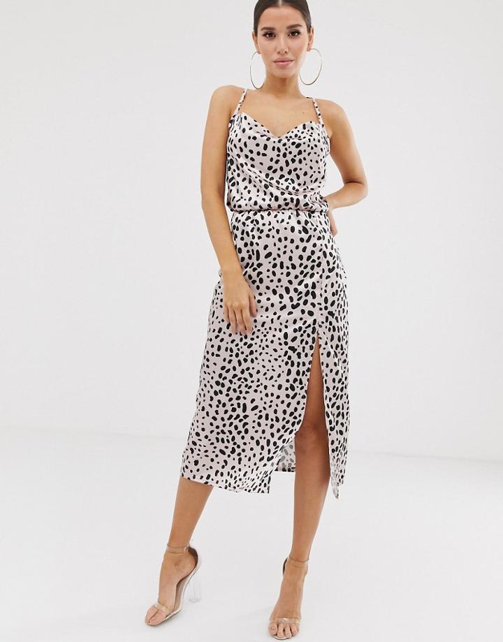 Prettylittlething Midi Dress With Cowl Neck In Light Pink Leopard Satin - Multi