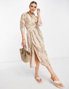 River Island Long Sleeve Snake Midi Shirt Dress In Brown