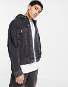 Asos Design Oversized Denim Jacket In Wash Black With Jersey Hood