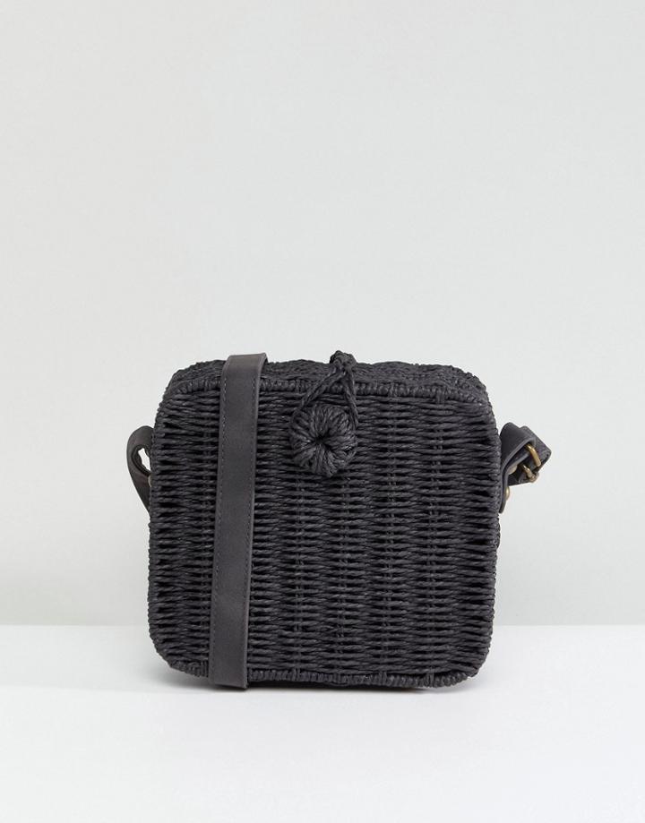 Asos Design Straw Square Structure Basket Bag With Water Based Pu Strap - Black