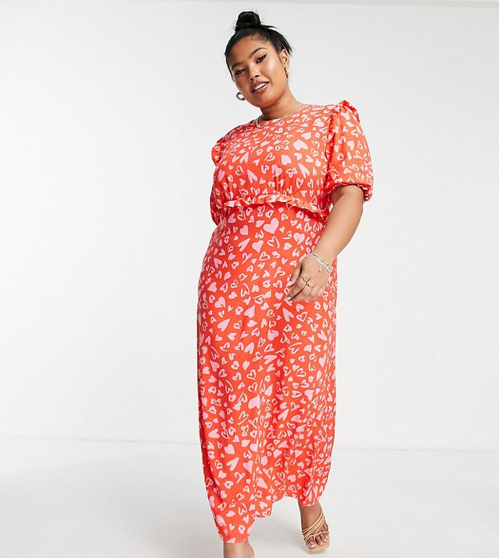 Nobody's Child Plus Frill Maxi Tea Dress In Red Heart Print-pink