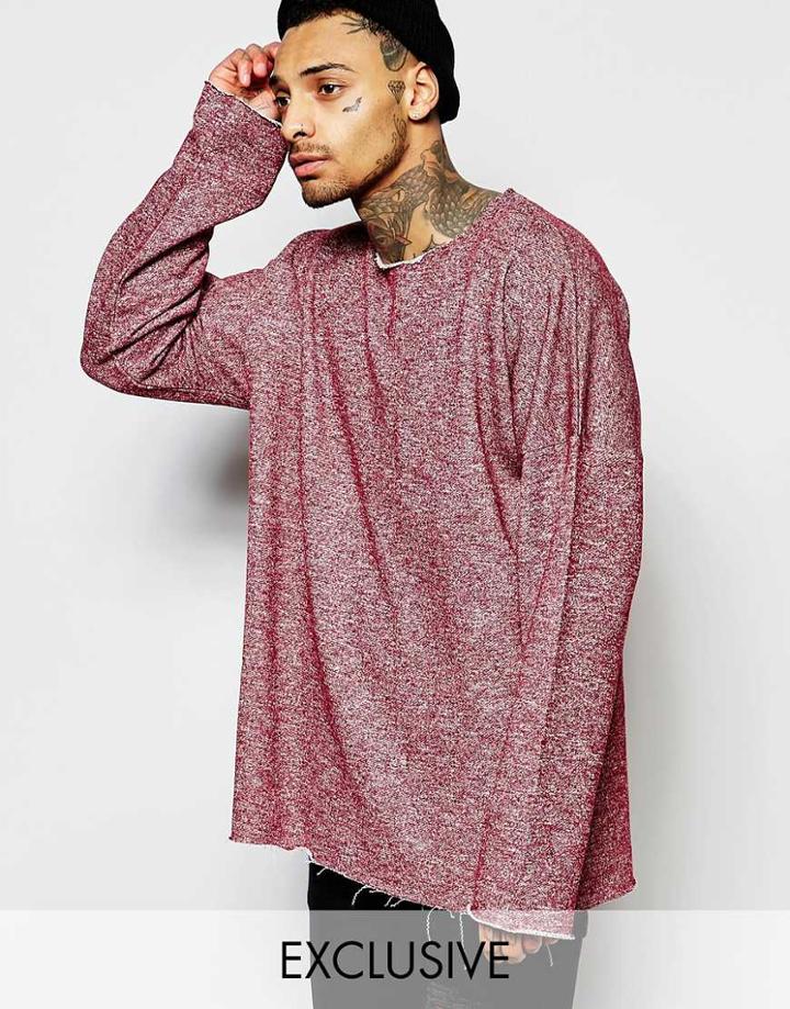 Liquor & Poker Longline Raw Edge Long Sleeve Top In Burgundy - Burgundy