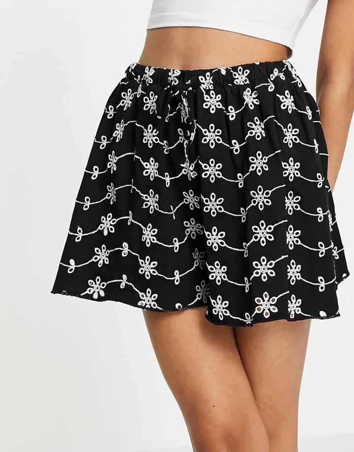 Asos Design Broderie Flippy Short In Black And White Embroidery