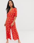 Nobody's Child Button Front Jumpsuit In Orange Daisy And Polka Dot