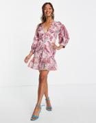 Asos Design Palm Print Structured Mini Dress With Lace Trim Detail And Puff Sleeve-multi