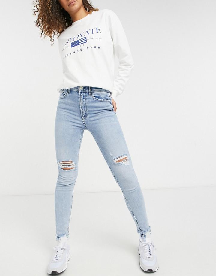 Stradivarius High Waist Skinny Jean With Rips In Bleach Blue-blues