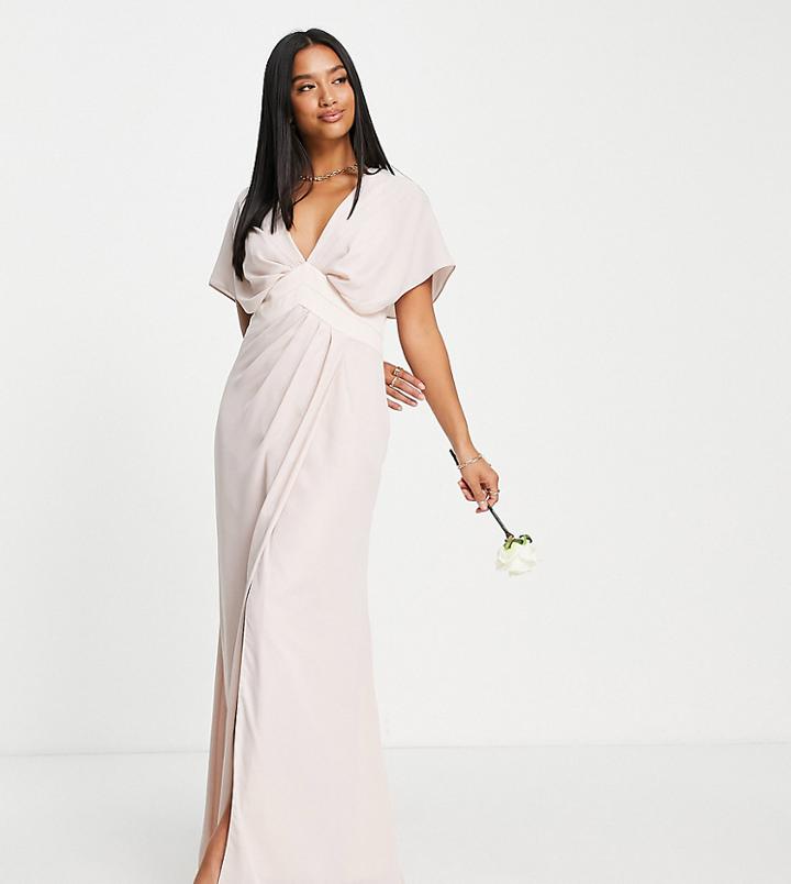 Asos Design Petite Bridesmaids Blouson Sleeve Maxi Dress With Satin Chevron Waist Band And Button Back In Blush-pink