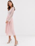 Frock & Frill Long Sleeve Pleated Midi Dress With Embellished Upper - Pink