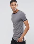 Asos Longline Muscle T-shirt With Contrast Neck And Cuff In Gray