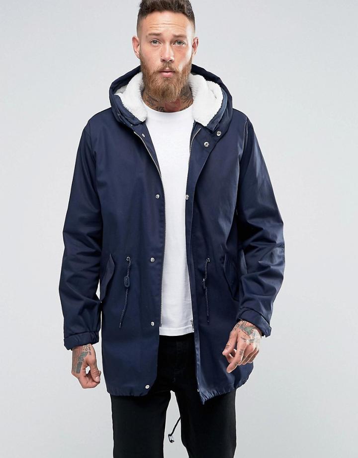 Asos Parka Jacket With Removable Fleece Lining In Navy - Navy