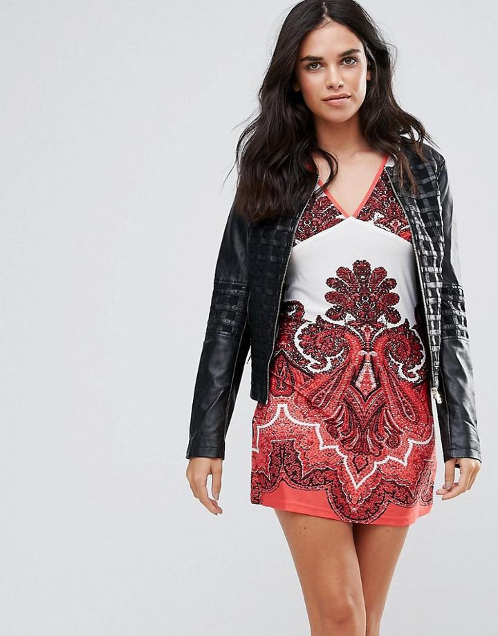 Pussycat London Faux Leather Caged Biker Jacket - Black