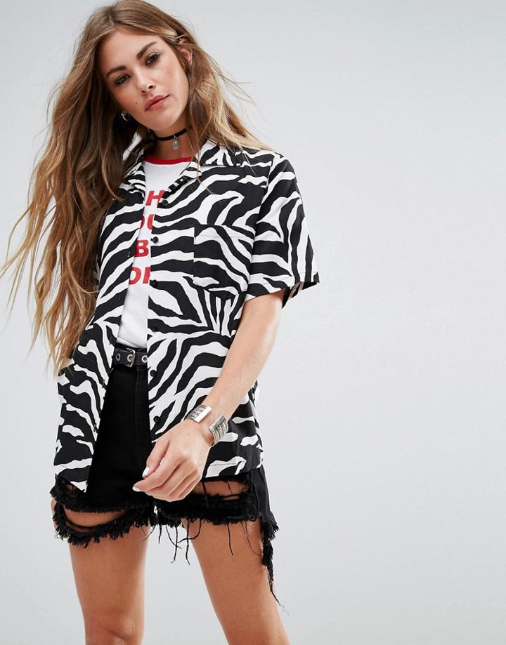 Motel Relaxed Hawaiian Shirt In Zebra - Black