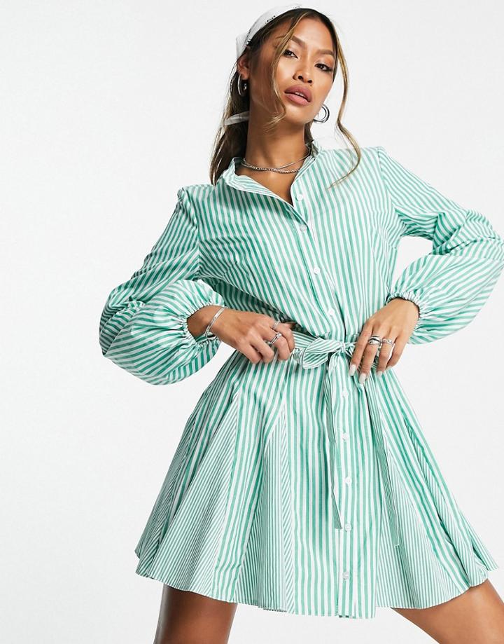Topshop Knot Front Mini Shirt Dress In Green And White Stripe-multi
