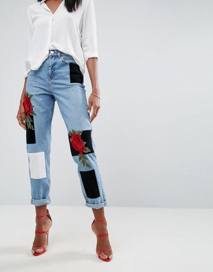 Asos Original Mom High Waist Slim Mom Jeans With 3d Embroidery And Velvet Detail In Lucinda Light Wash Blue - Blue