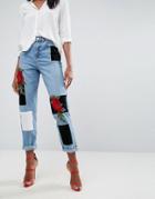 Asos Original Mom High Waist Slim Mom Jeans With 3d Embroidery And Velvet Detail In Lucinda Light Wash Blue - Blue