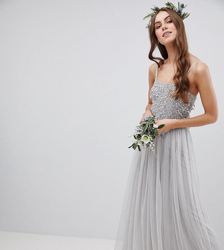 Maya Tall Cami Strap Sequin Top Tulle Detail Maxi Bridesmaid Dress - Gray