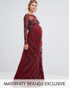 Maya Maternity Long Sleeve Sheer Embellished Lace Maxi Dress - Red