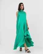 Asos Design Sleeveless Scarf Neck Satin Midi Dress With Extreme Sleeve - Green
