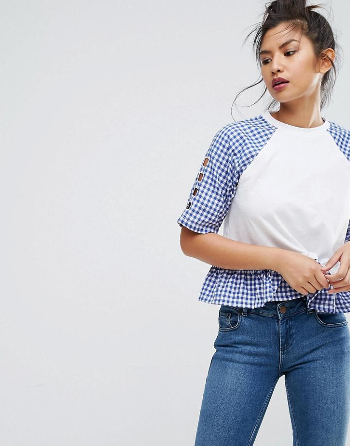 Ziztar Love & Hate Ruffle Top With Gingham Trim - White