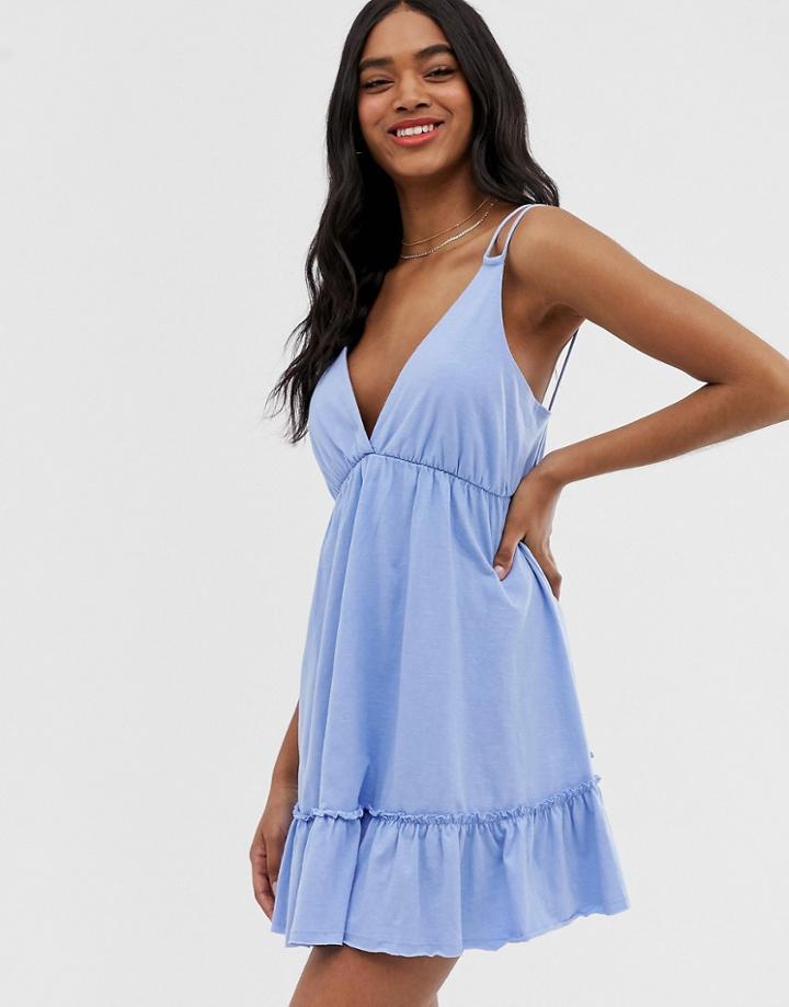 Asos Design Mini Smock Sundress With Pep Hem - Blue