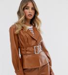 Skylar Rose Belted Blazer Jacket In Faux Leather-tan