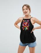 Asos Embroidered Sun Top With Tassels - Black