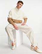 Asos Design Oversized Half Zip Sweatshirt In Ribbed Velour With Beige Color Block-neutral