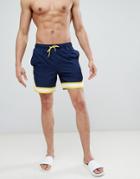 Asos Design Swim Shorts In Navy With Yellow & White Detail Mid Length - Navy