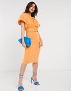 Asos Design One Shoulder Bubble Neckline Belted Midi Dress In Apricot-orange