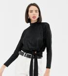 Warehouse High Neck Top With Tie Detail In Black Metallic - Black