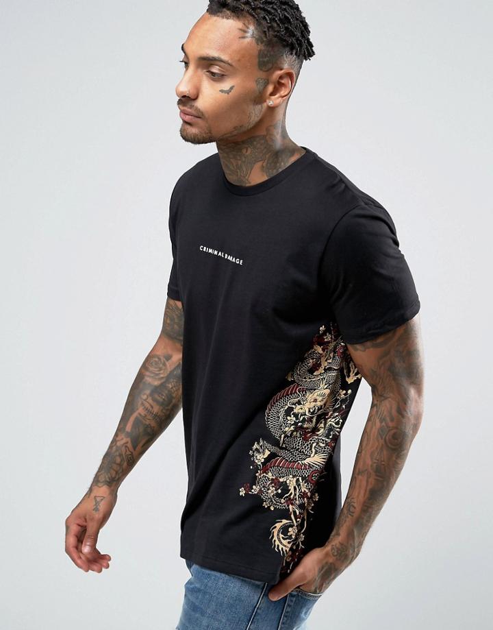 Criminal Damage T-shirt With Dragon Side Print - Black