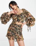 Asos Design Off Shoulder Long Sleeve Top With Ruffle Detail In Dark Floral - Part Of A Set-multi