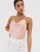 Asos Design Cowl Neck Cami With Embellished Strap-white