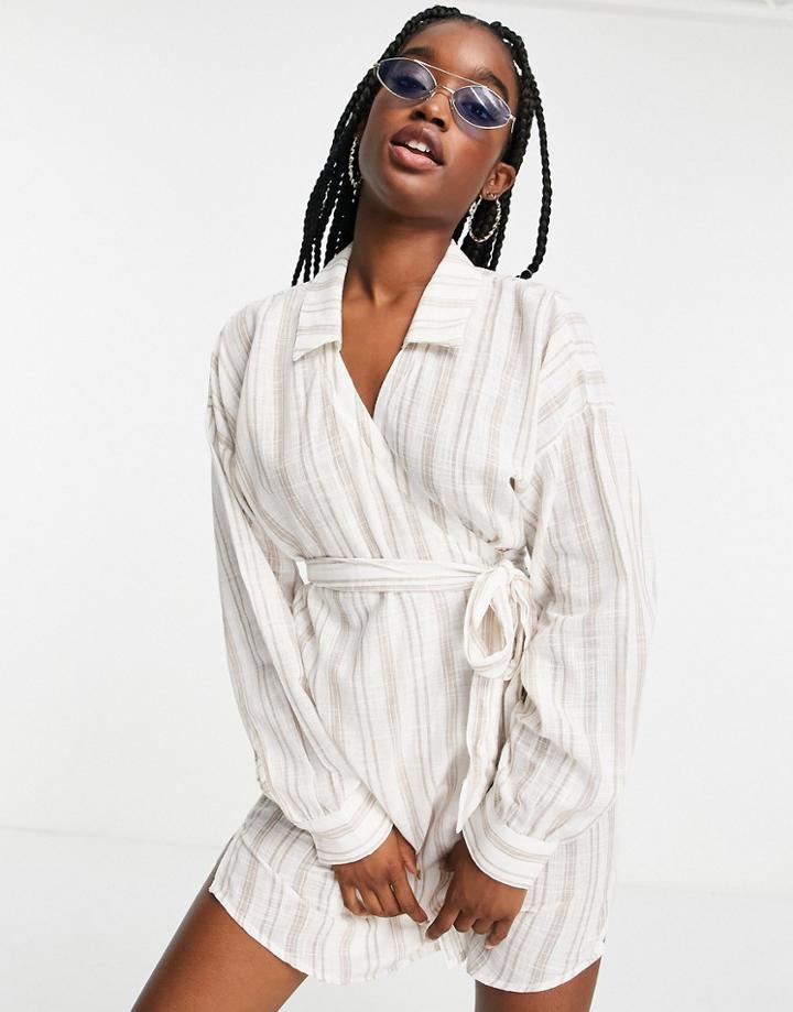 Asos Design Tie Ruched Beach Shirt Dress In Natural Stripe-multi