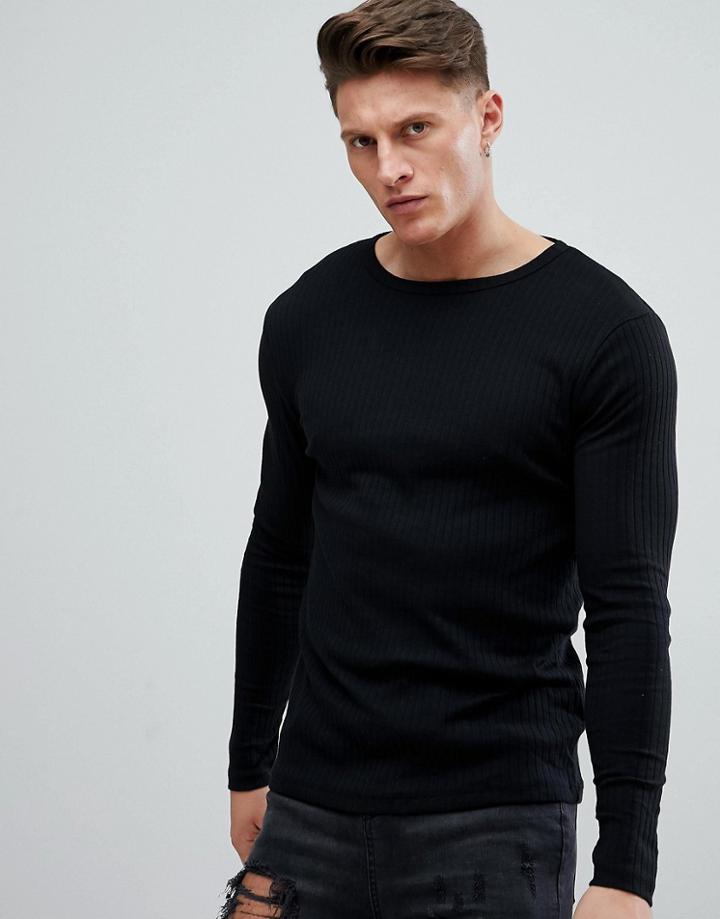 River Island Ribbed Long Sleeve Top In Black - Black