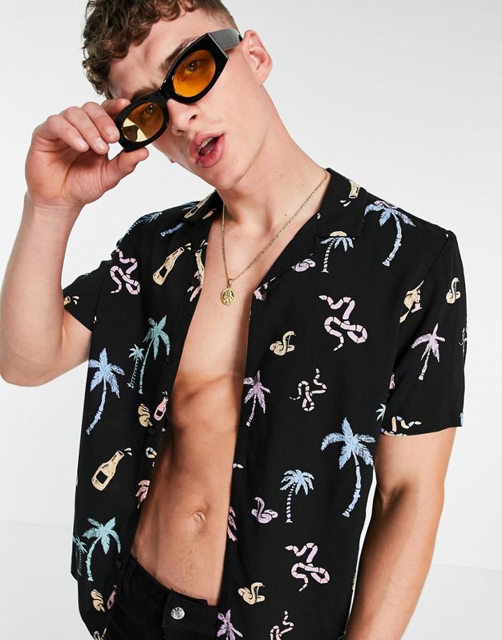 Asos Design Relaxed Revere Summer Shirt In Black With Color Pop Tropical Print