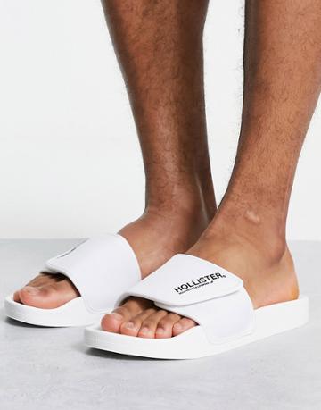 Hollister Slides With Velcro Strap In White With Logo