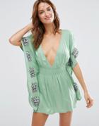 Asos Embroidered Floral Trim Beach Caftan - Green