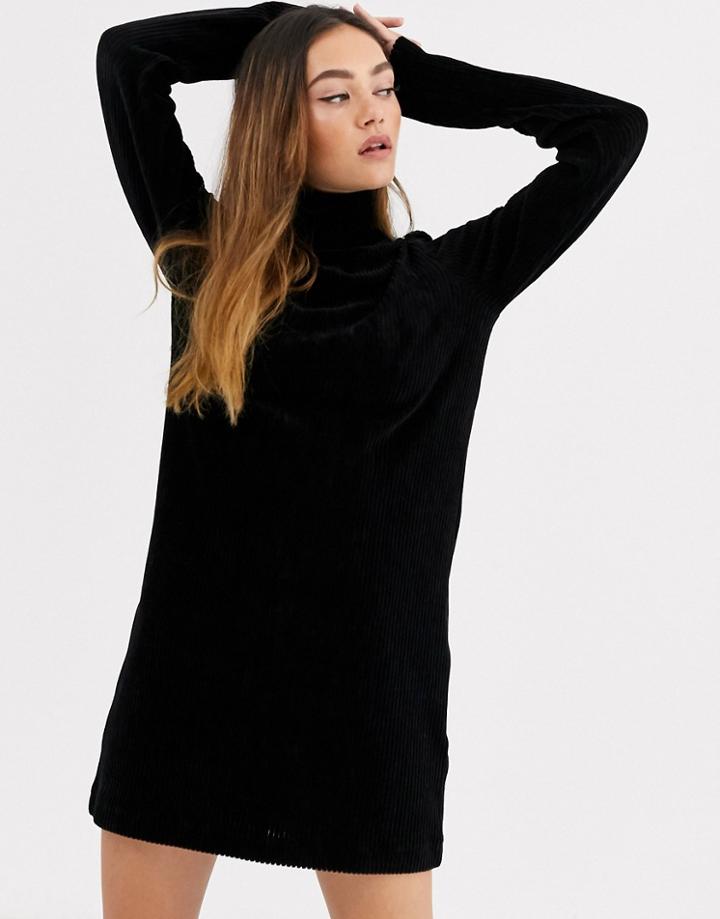 Weekday Ribbed Soft Velvet Midi Dress In Black
