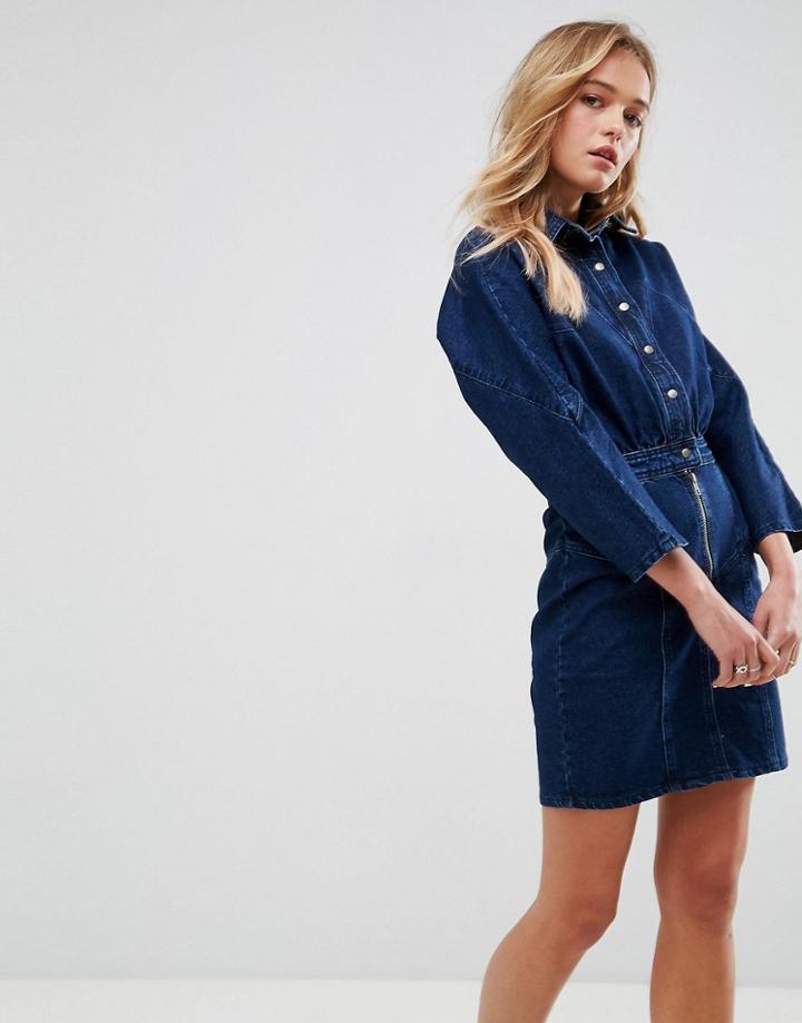 Asos Denim Batwing Shirt Dress In Midwash Blue - Blue