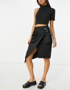 Closet London Woven Wrap Midi Skirt With D-ring Fastening In Black