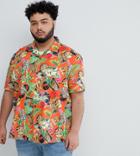 Asos Design Plus Oversized Tropical Postcard Printed Shirt In Red With Revere Collar - Red