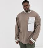 Asos Design Plus Oversized Long Sleeve T-shirt With Turtleneck And Woven Utility Pockets In Beige