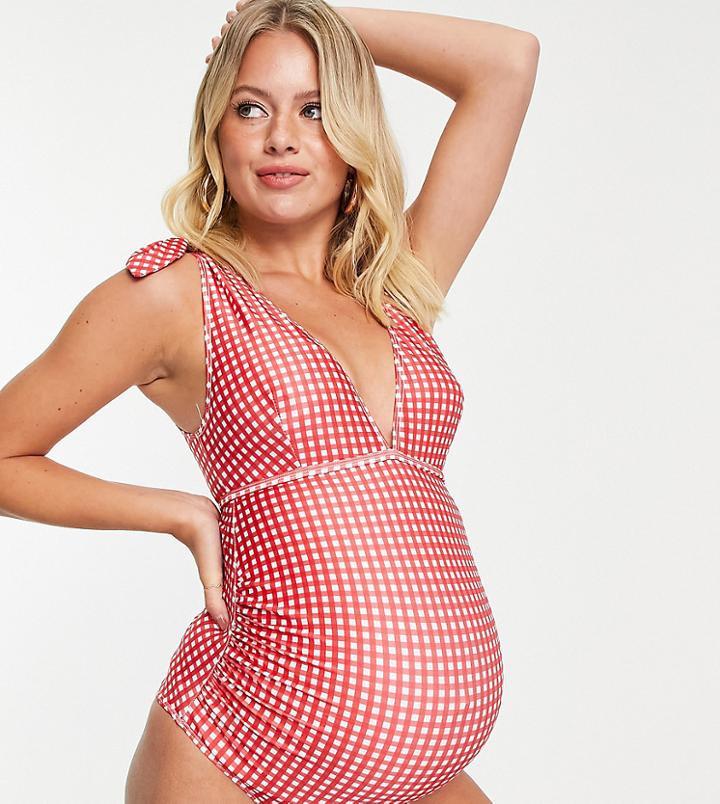 Peek & Beau Maternity Exclusive Swimsuit With Tie Shoulder Detail In Red Gingham